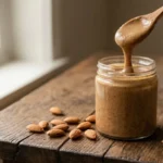 creamy almond butter in glass jar with almonds on wooden surface