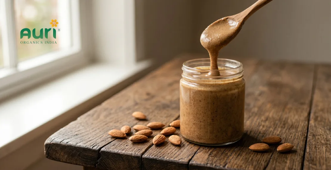 creamy almond butter in glass jar with almonds on wooden surface