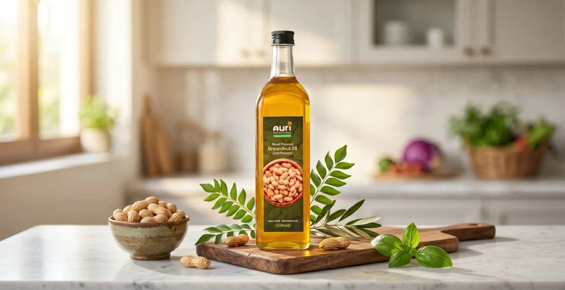 natural wood pressed groundnut oil with peanuts and green leaves representing health and purity