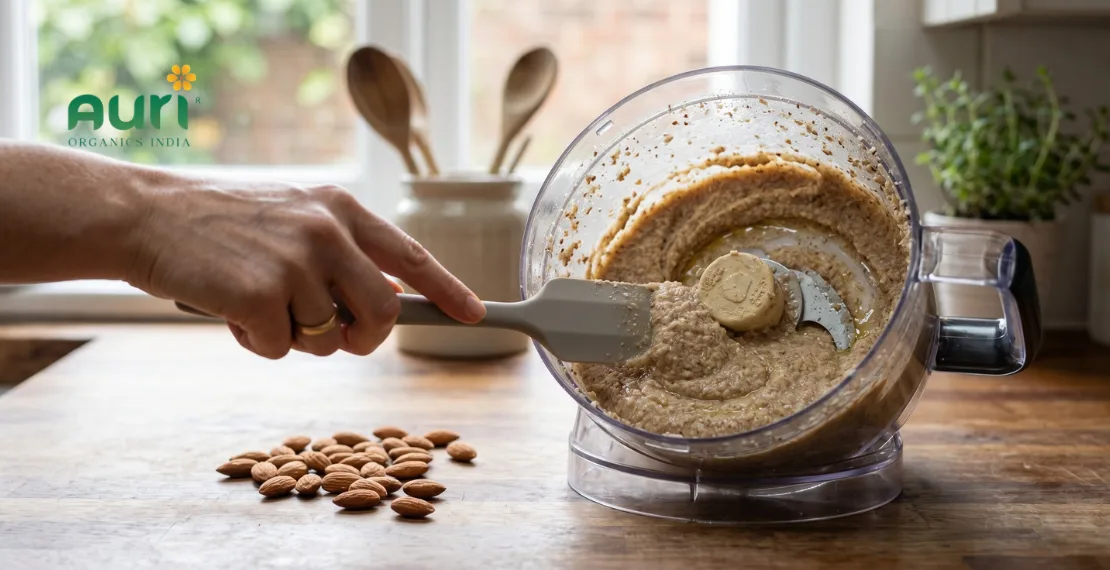almond butter being made in food processor at home