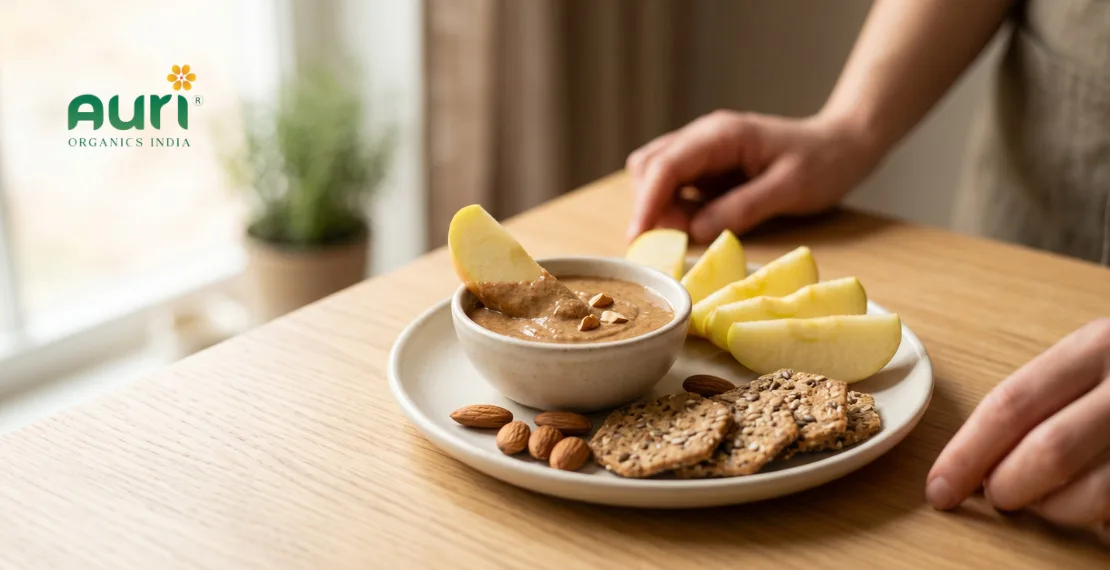 apple slices dipped in almond butter healthy snack