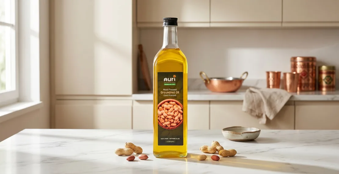 premium wood pressed groundnut oil bottle placed in modern kitchen with natural lighting
