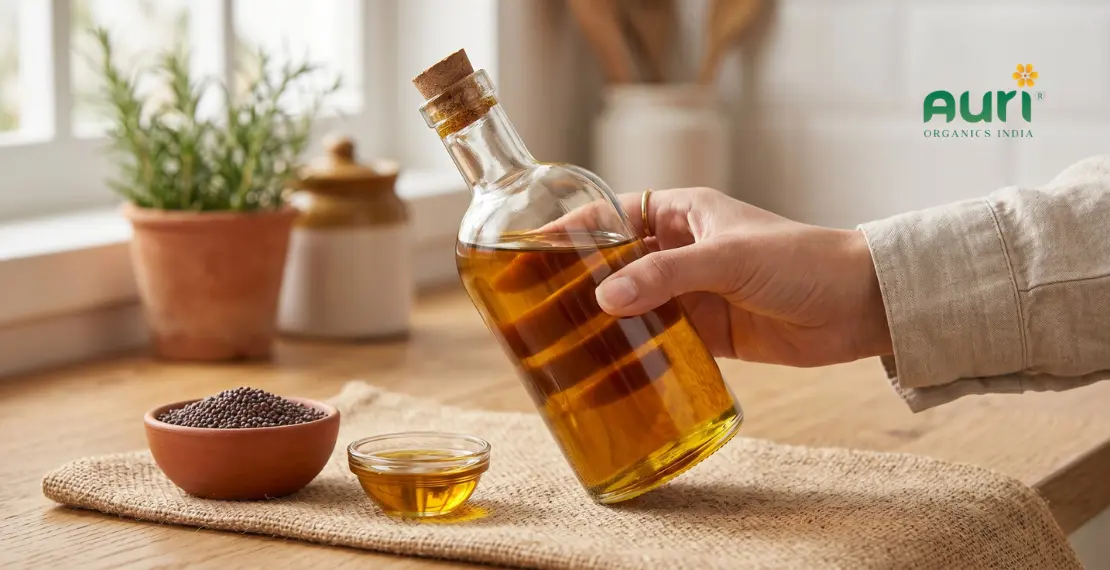 checking purity of wood pressed mustard oil in glass bottle showing rich golden color and clarity