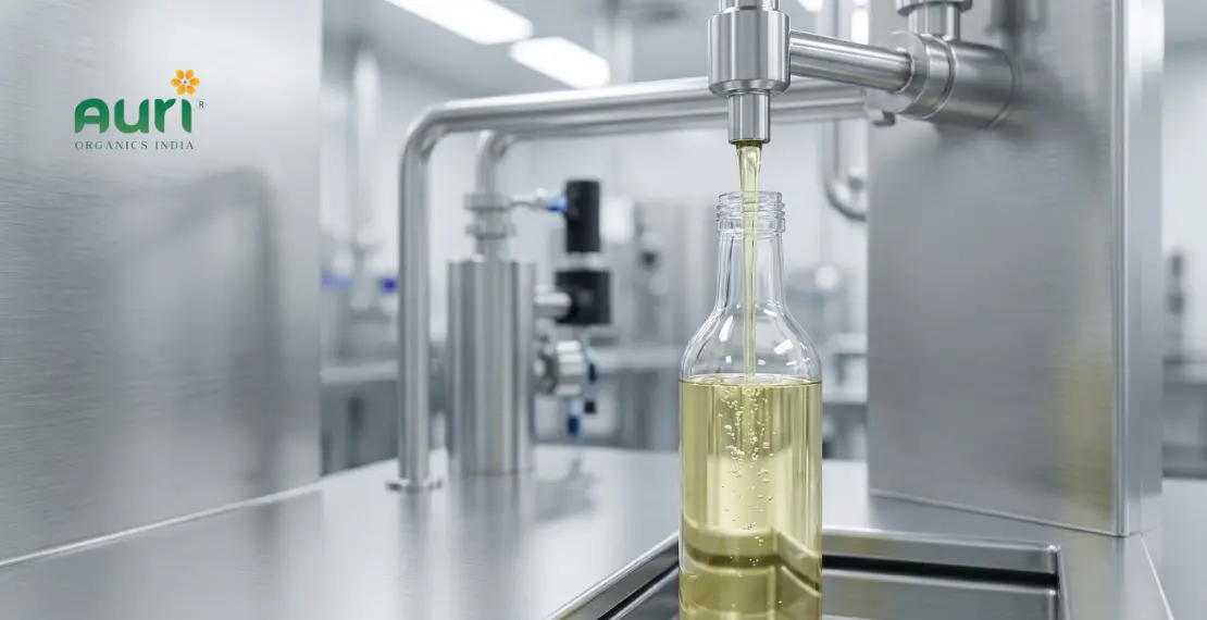 refined mustard oil production process with clean modern setup and pale oil filling into glass container