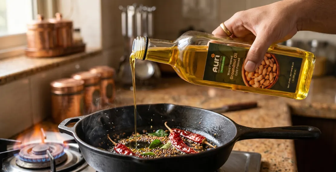 wood pressed groundnut oil being used in indian cooking with tadka and spices