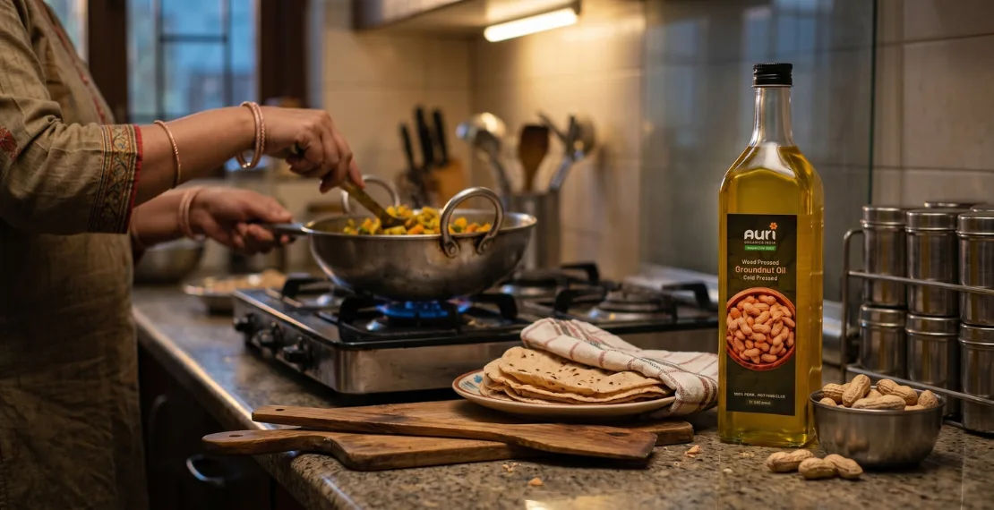 wood pressed groundnut oil placed in indian kitchen during home cooking scene