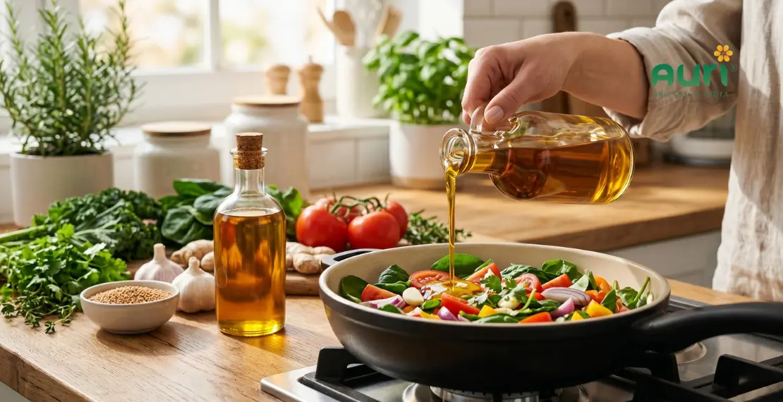 wood pressed mustard oil being used in healthy cooking with fresh vegetables in a clean kitchen setting