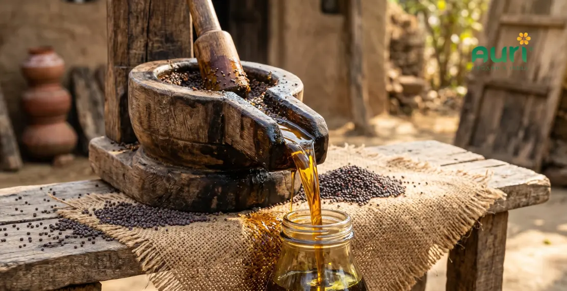 clean wood pressed mustard oil extraction using traditional wooden kolhu with golden oil flowing into glass jar
