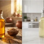 wood pressed mustard oil vs refined oil comparison with glass bottles showing natural and processed oil difference