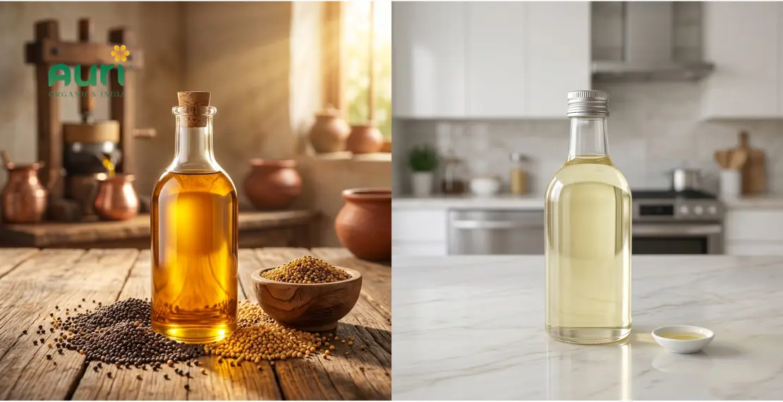 wood pressed mustard oil vs refined oil comparison with glass bottles showing natural and processed oil difference